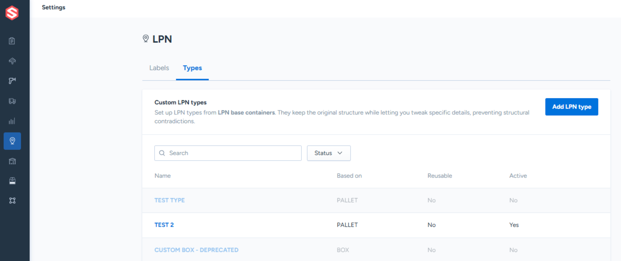 Add LPN type button shown in the top right corner when additional LPN types already exist