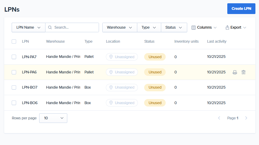 Create LPN button shown in the top right corner for additional LPNs