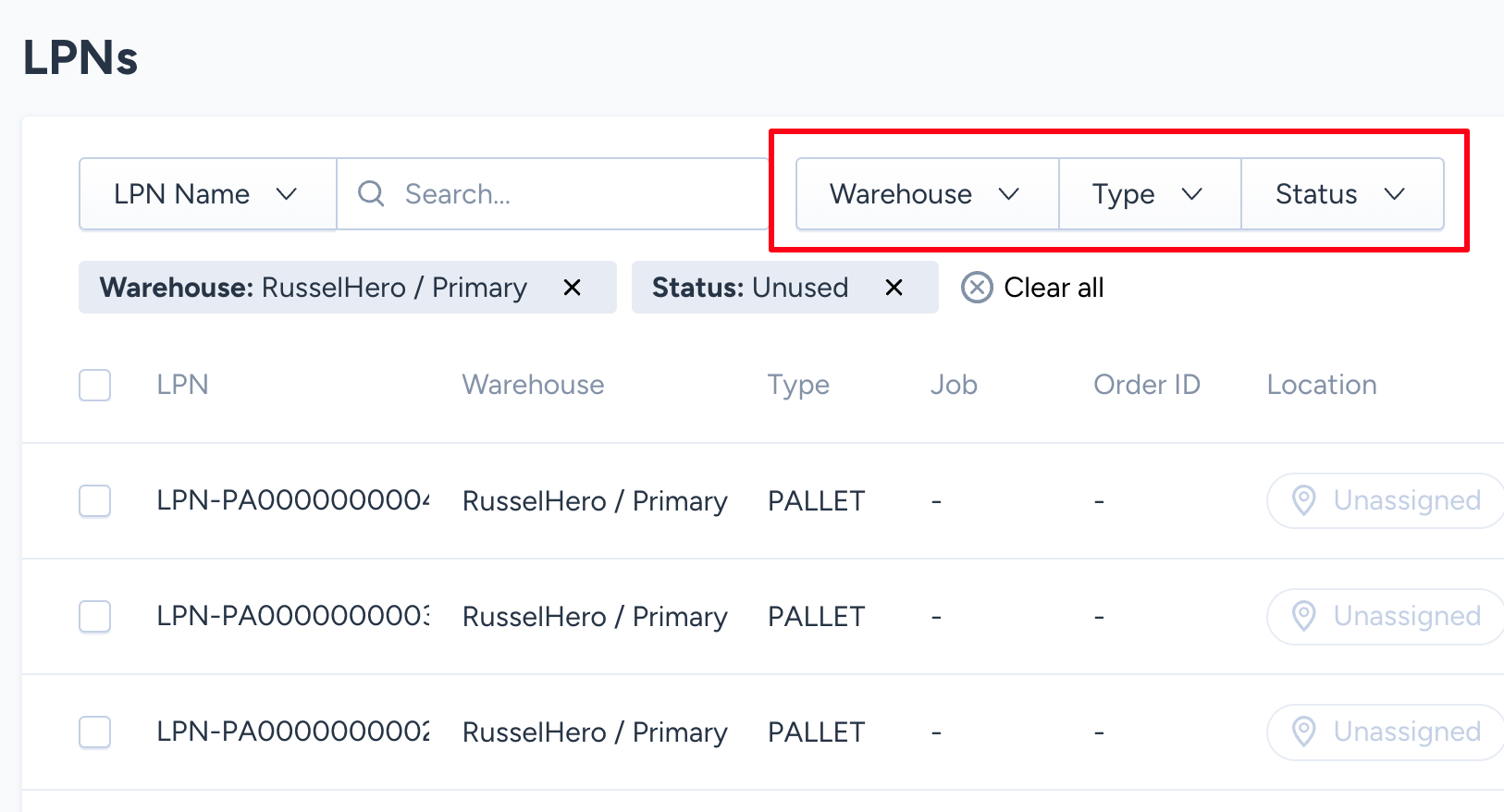 LPN page filter management options