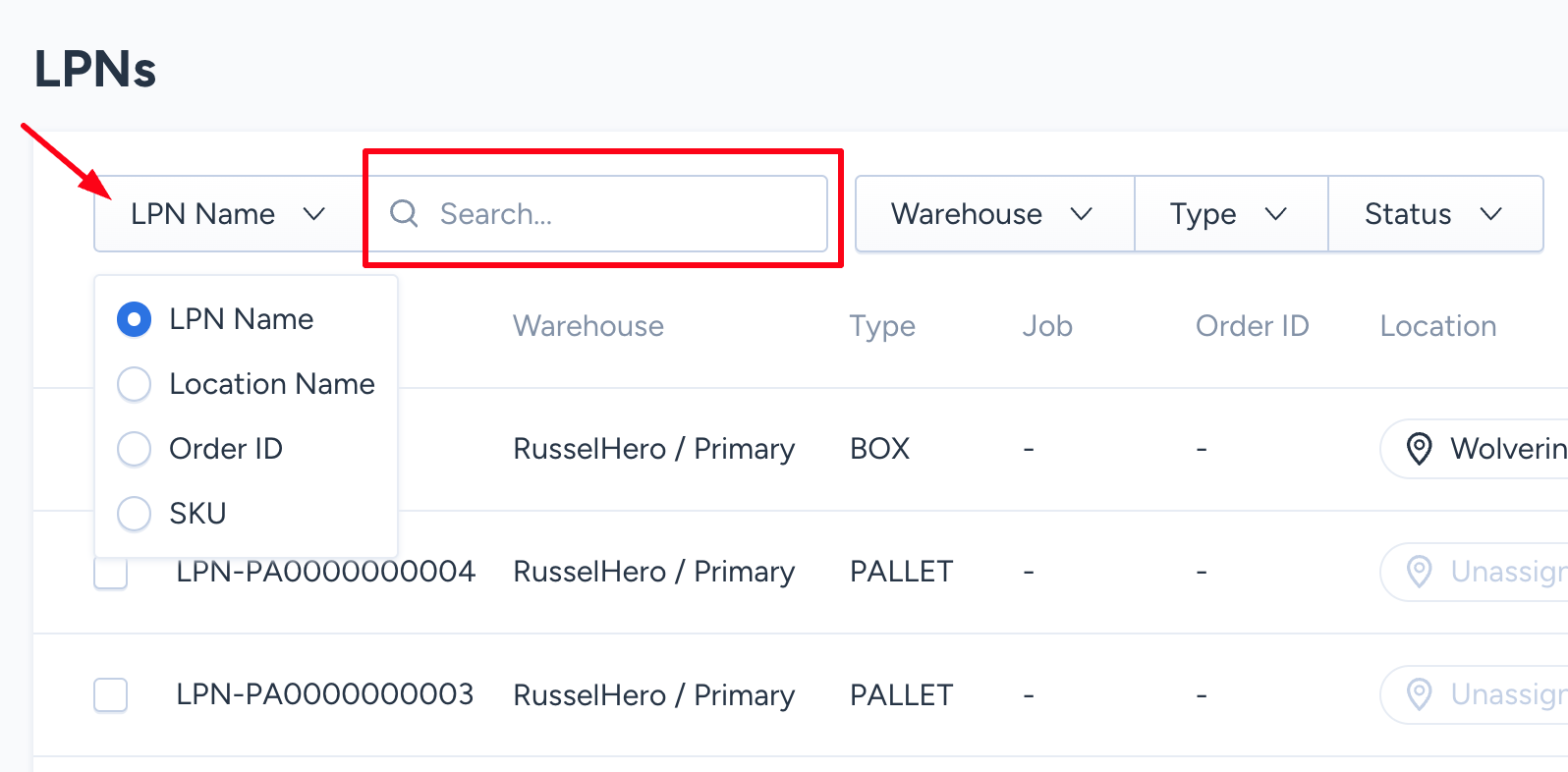LPN page search options