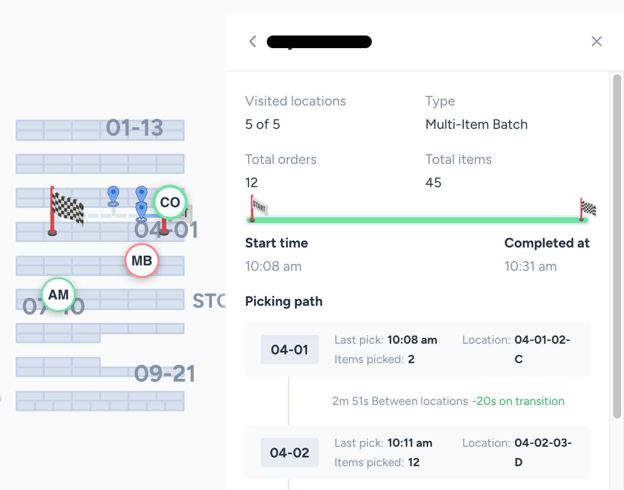 Picker progress details showing visited locations, batch type, and picking path