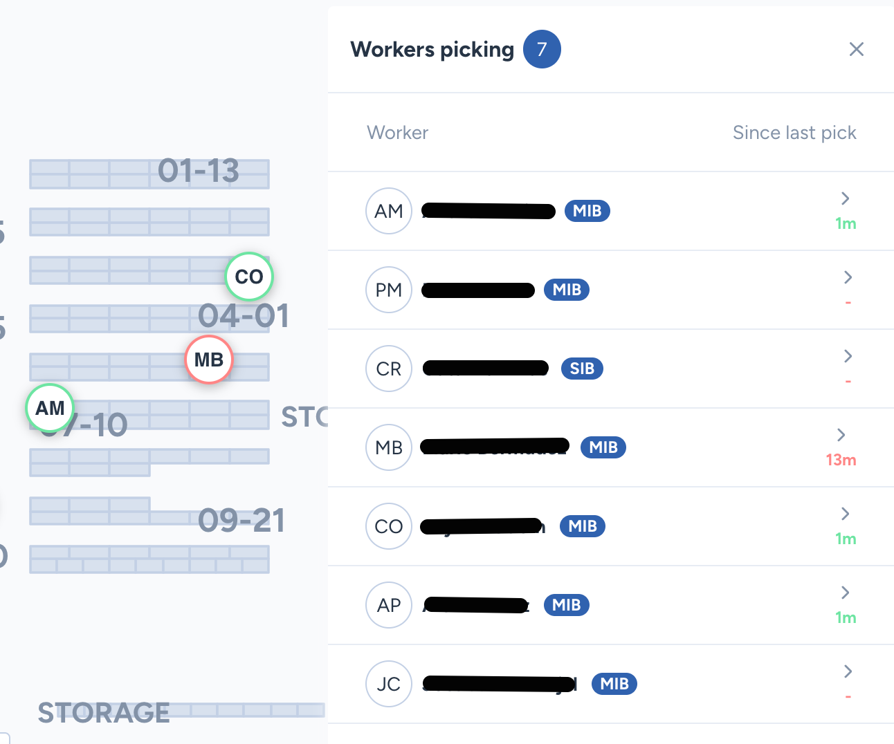 Workers Picking module listing pickers and time since their last pick