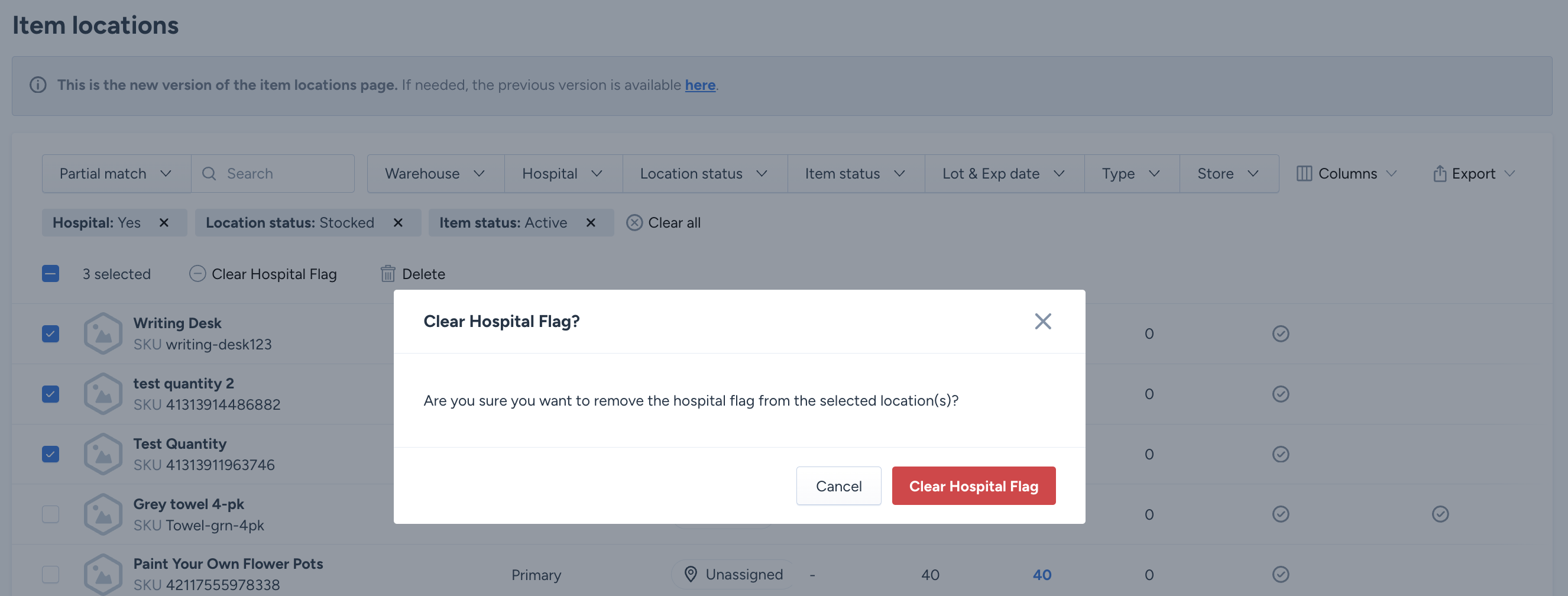 Clear Hospital Flag confirmation modal