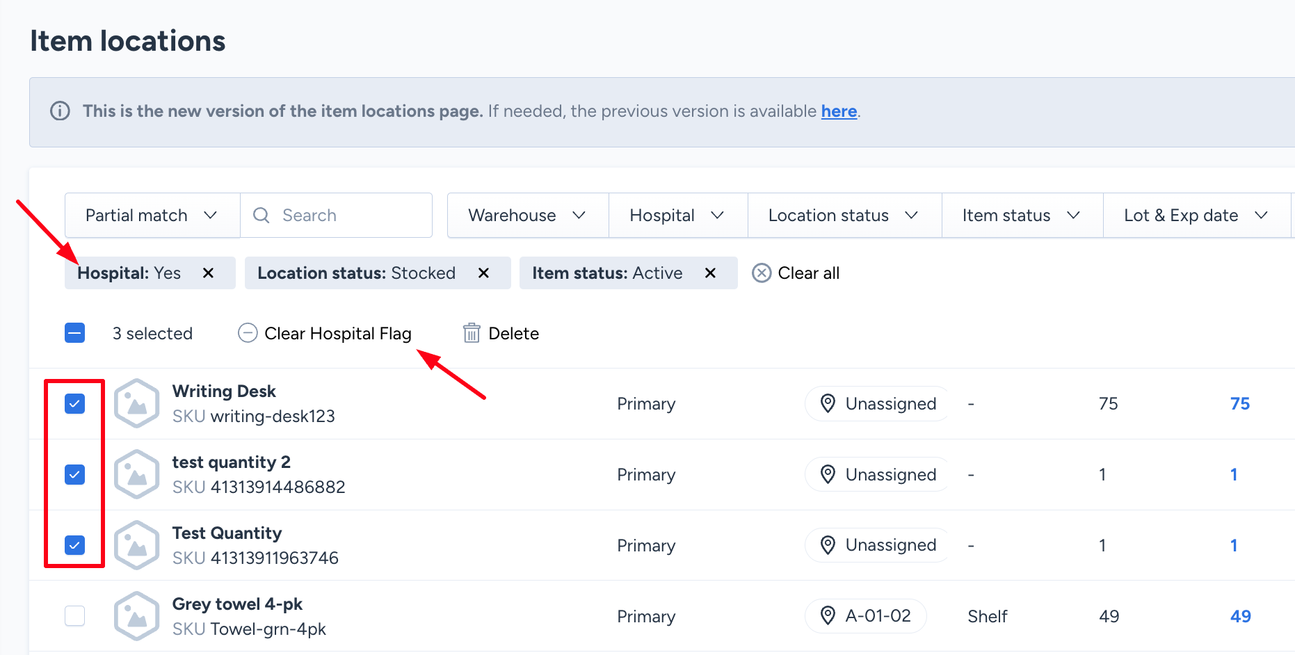 Bulk Actions Bar with the Clear Hospital Flag button