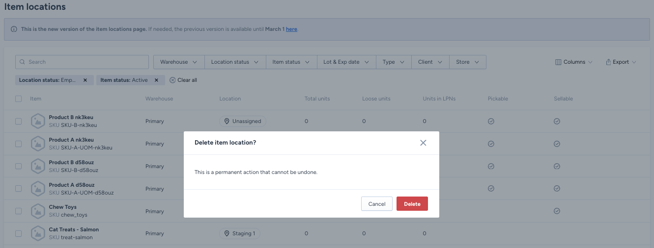 Delete item location confirmation modal