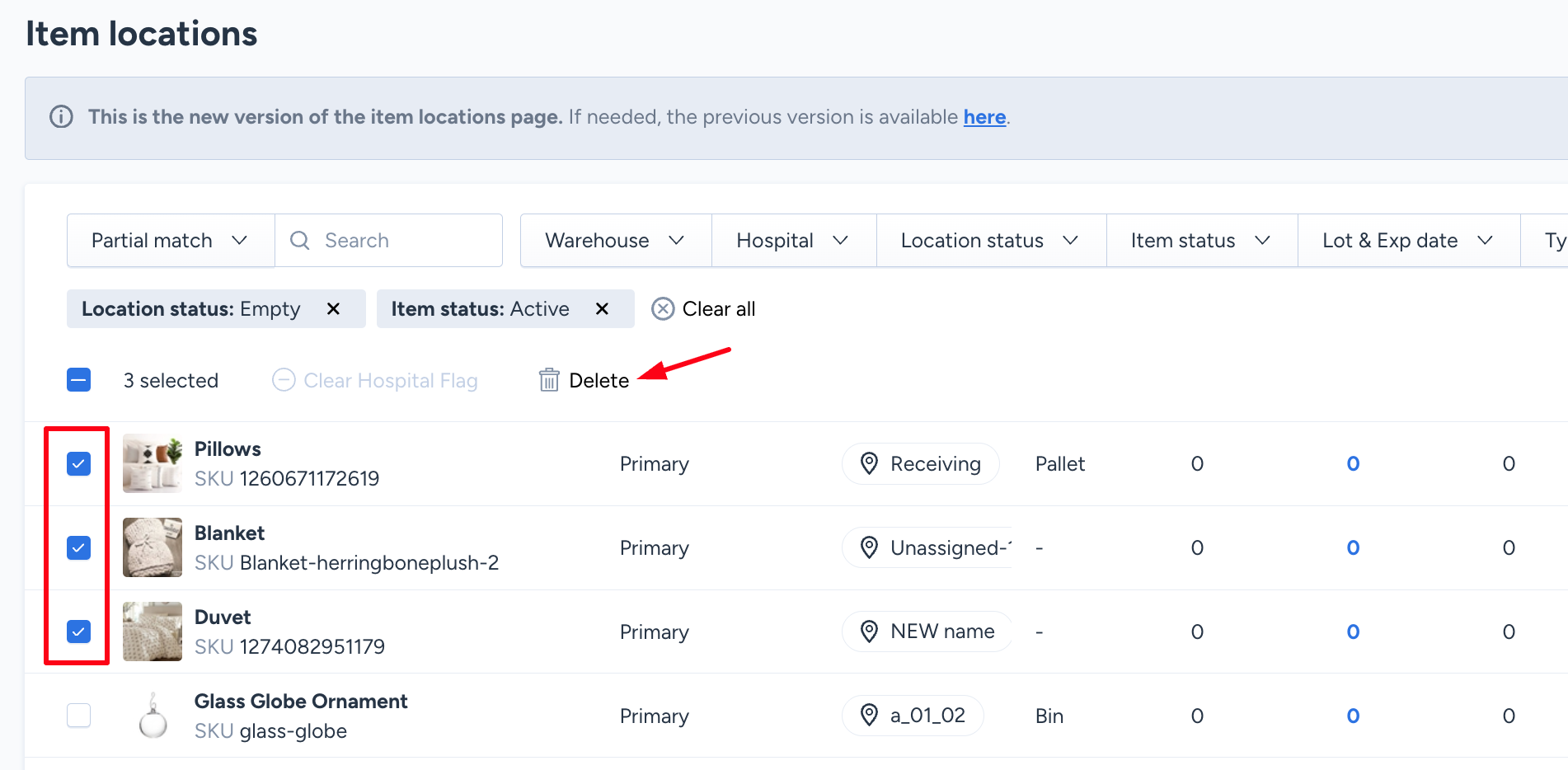 Bulk delete selection with checkboxes on the Item Locations report