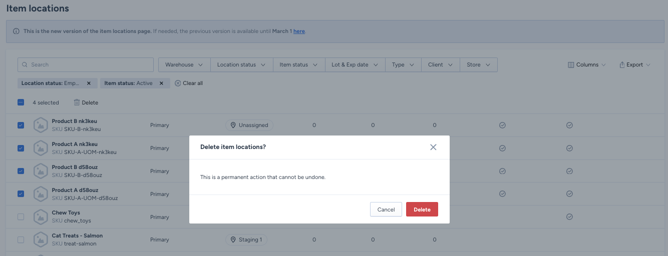 Delete item location confirmation modal for bulk selection