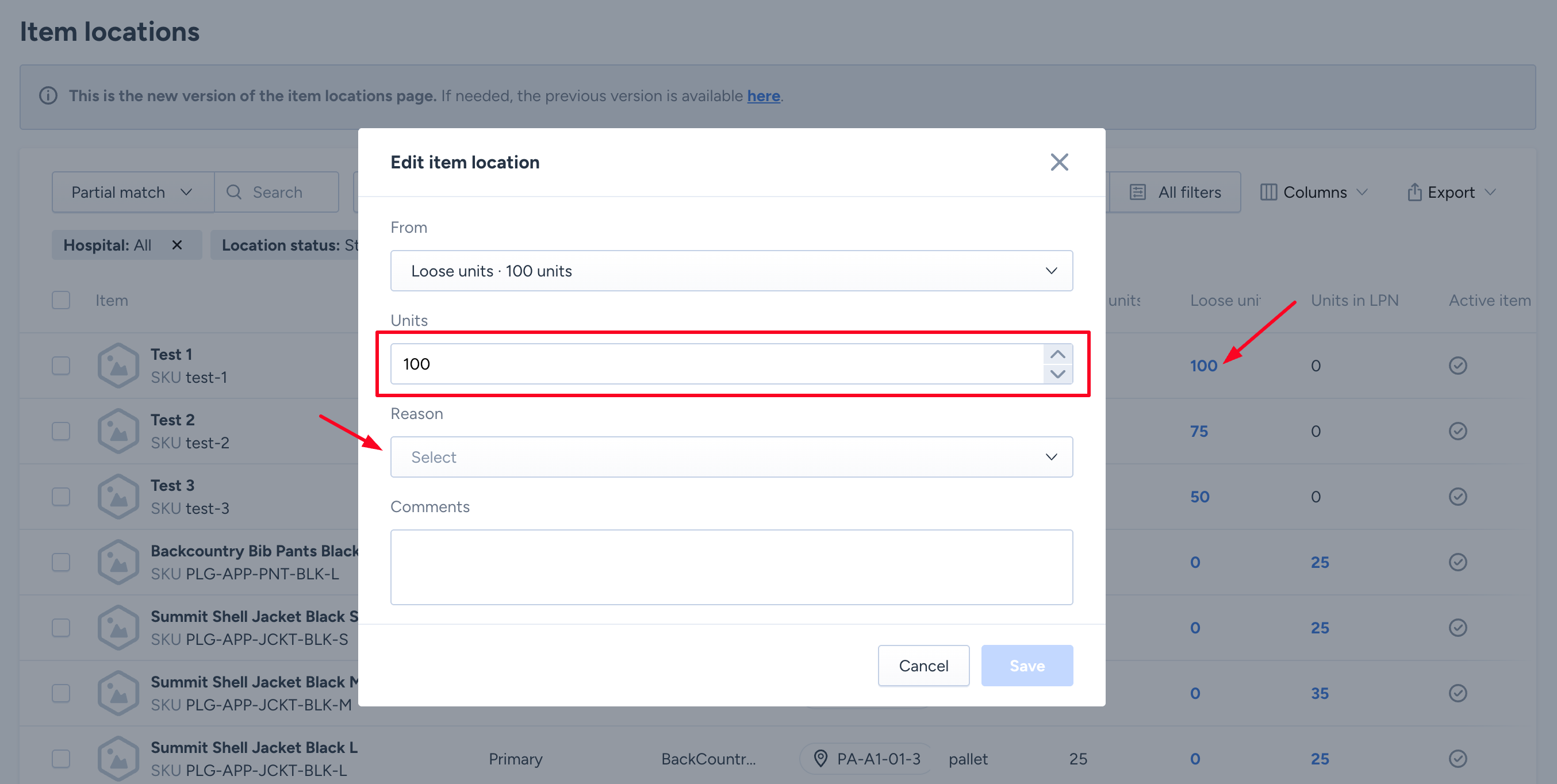 Edit Item Location module showing the loose inventory quantity field