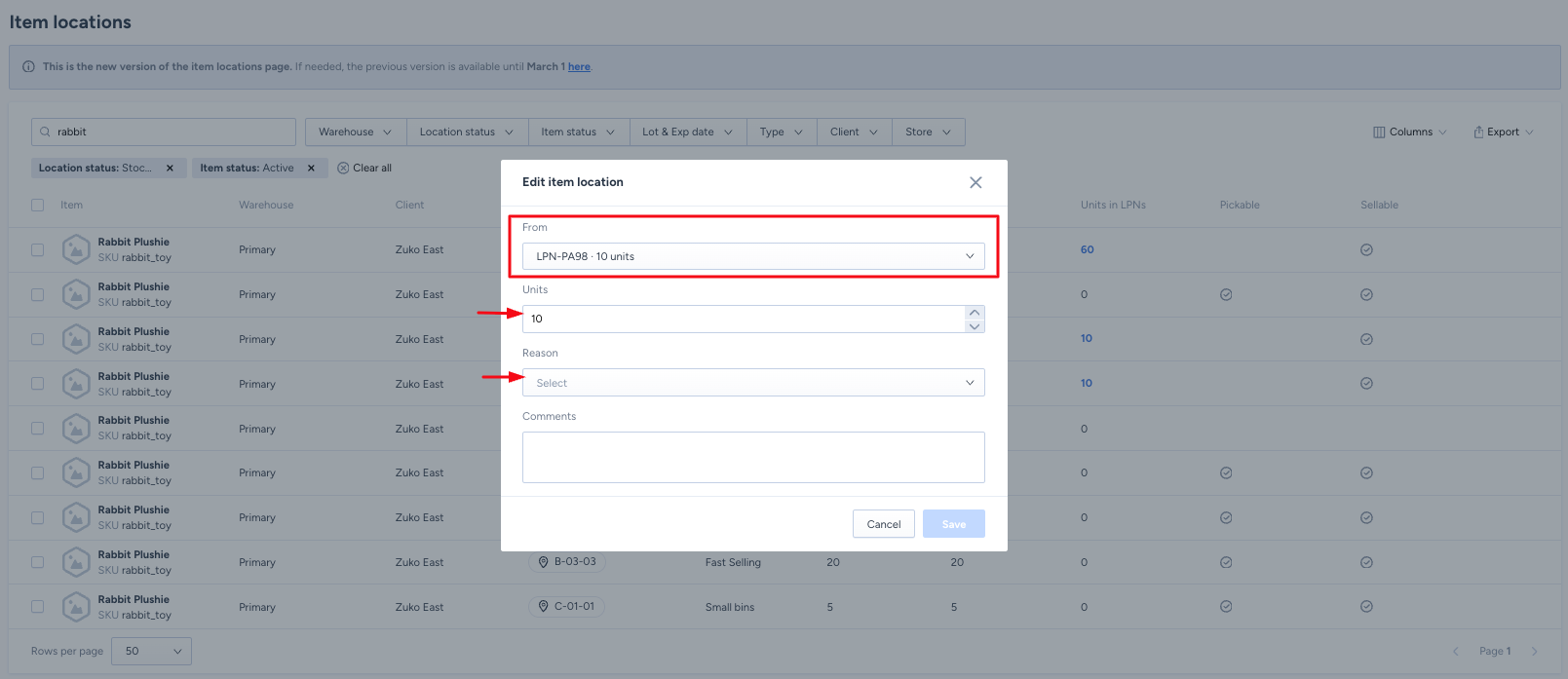 Edit Item Location module for adjusting LPN inventory