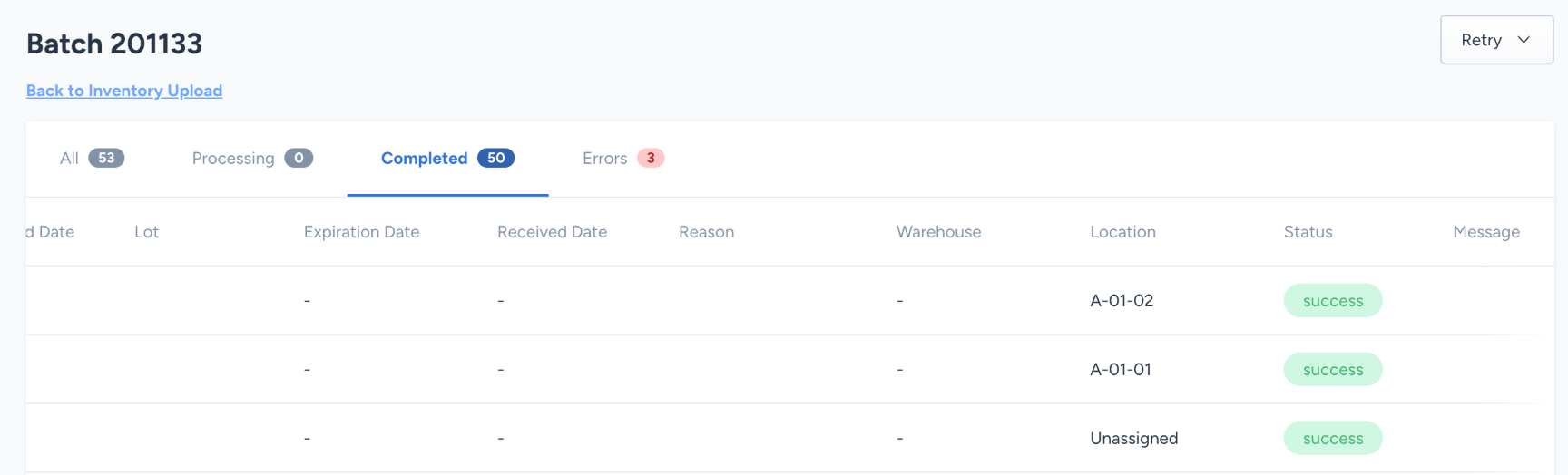 Example of a successful inventory upload batch