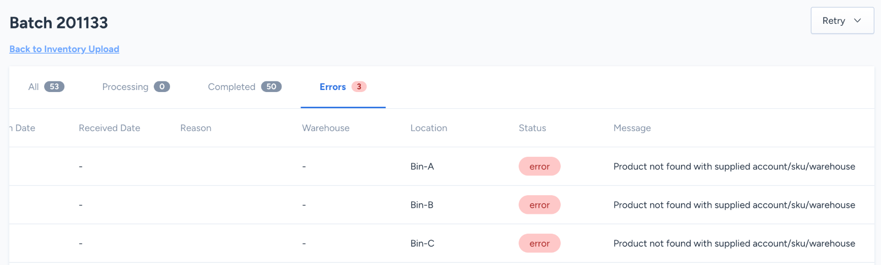 Example of an inventory upload batch with errors