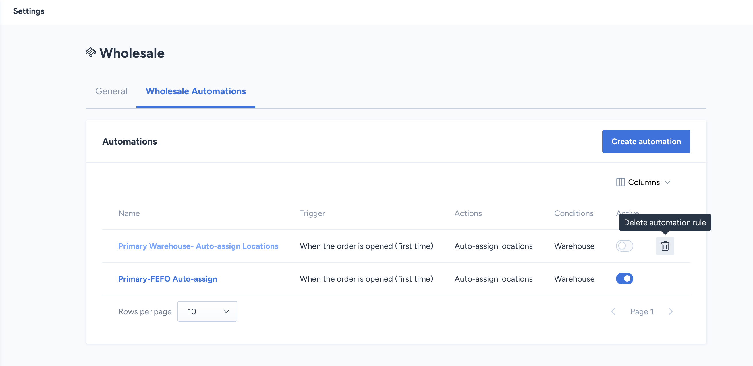 Delete icon for a wholesale automation rule