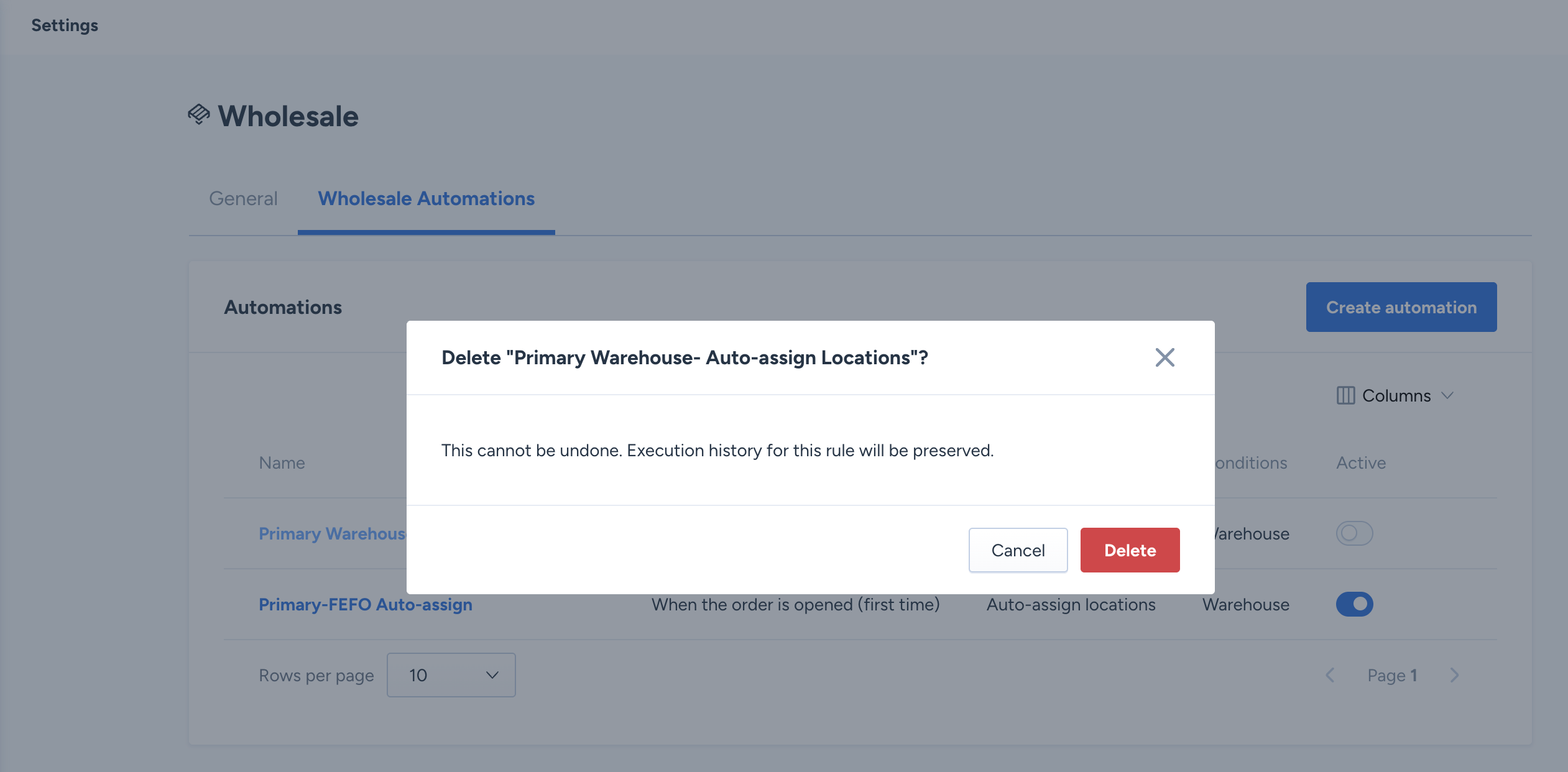 Delete confirmation dialog for a wholesale automation rule