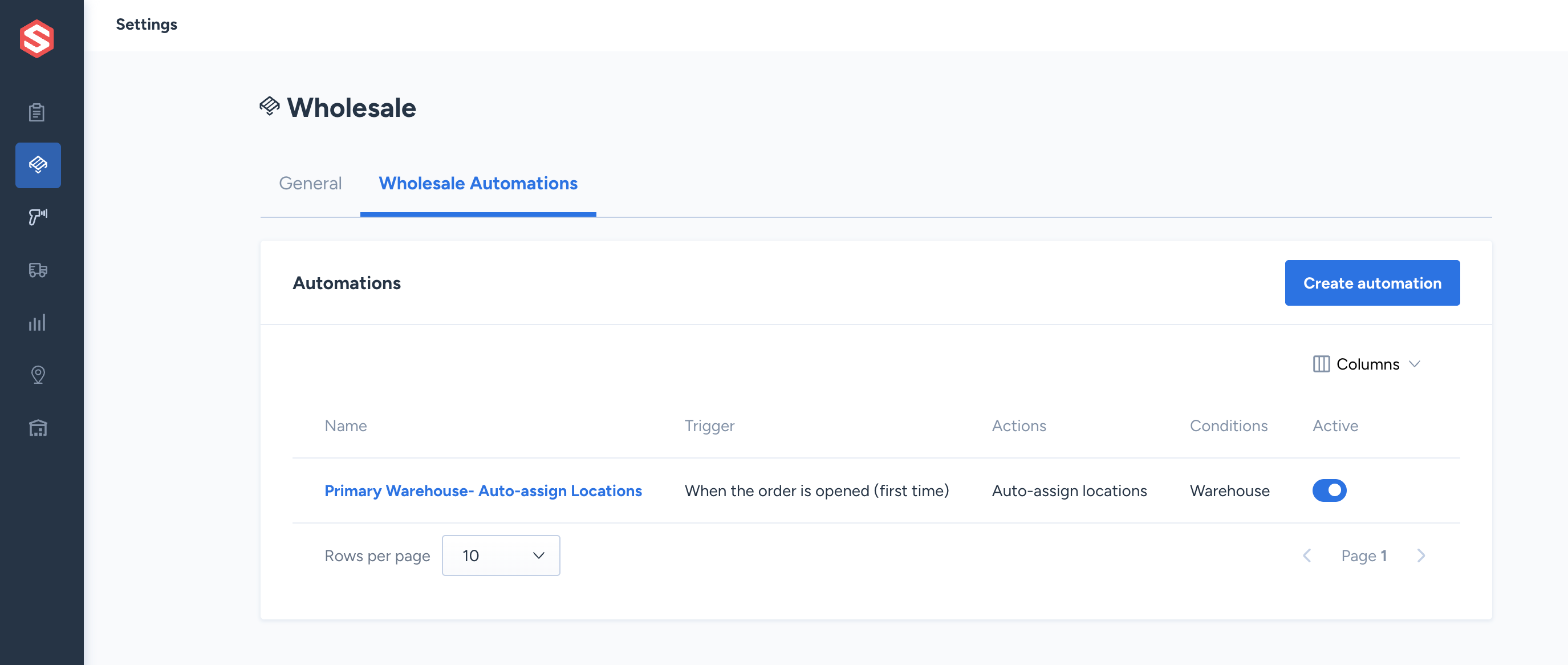 Wholesale Automation Rules settings page