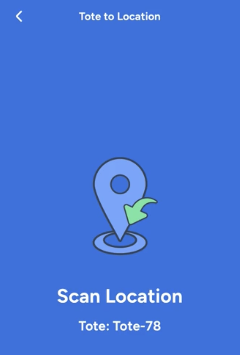 Scanning the destination location in the Tote to Location screen on the ShipHero mobile app