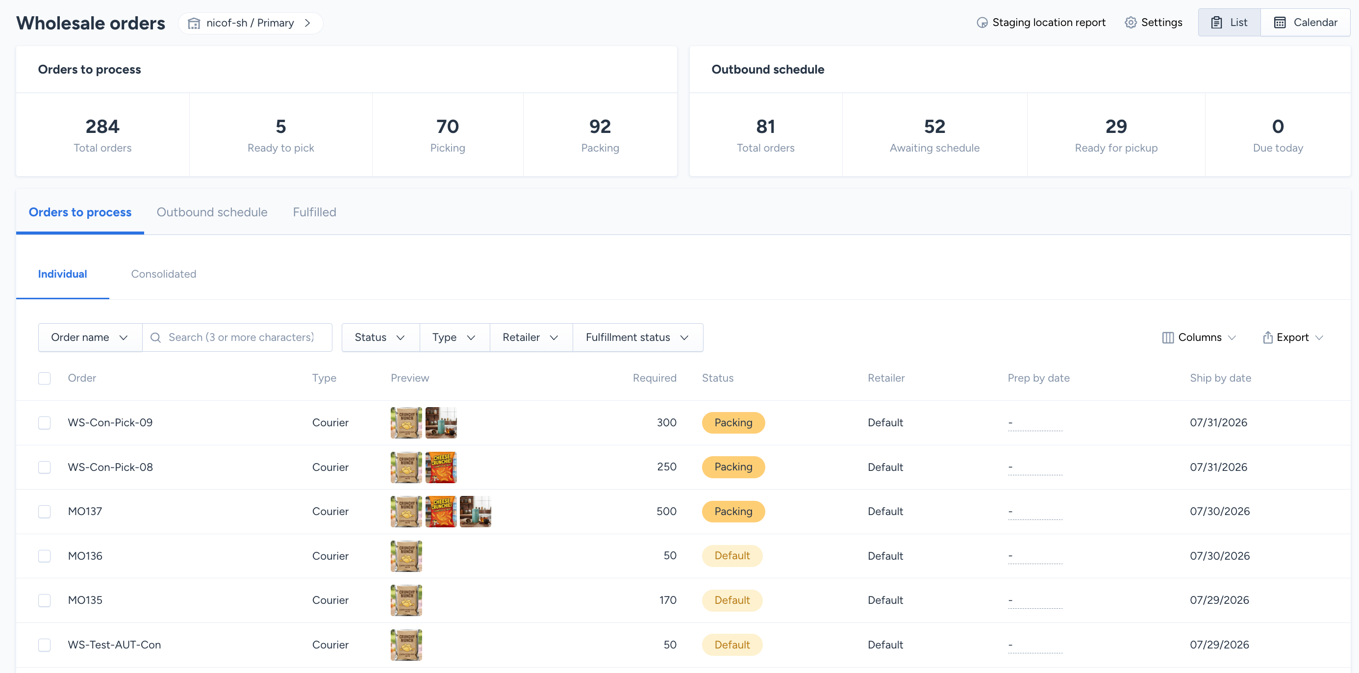 Wholesale Orders page in List view
