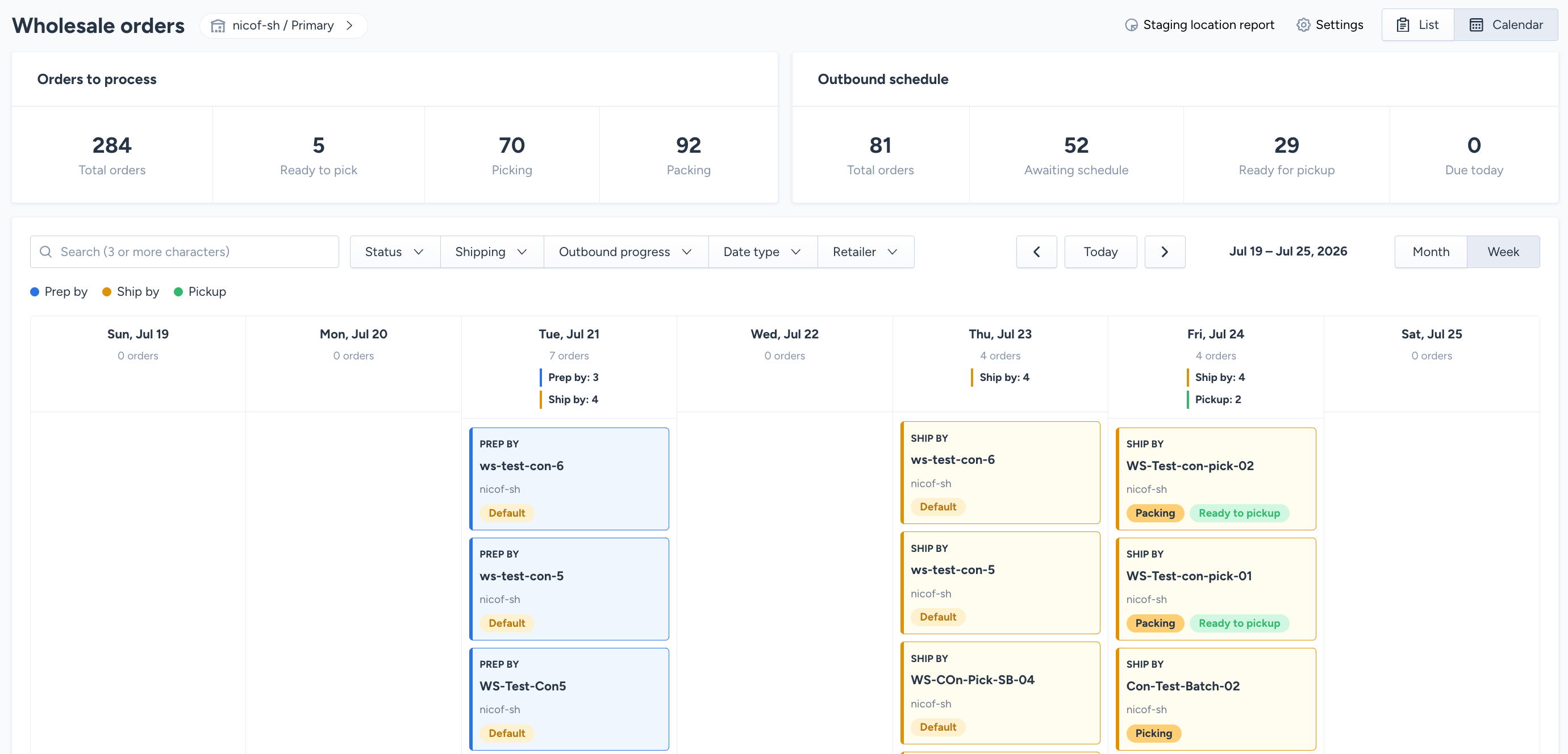 Wholesale Orders page in Calendar view