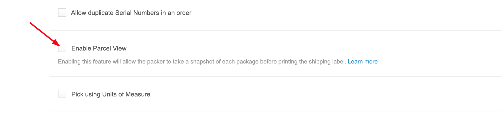 Enable Parcel View checkbox in App Settings