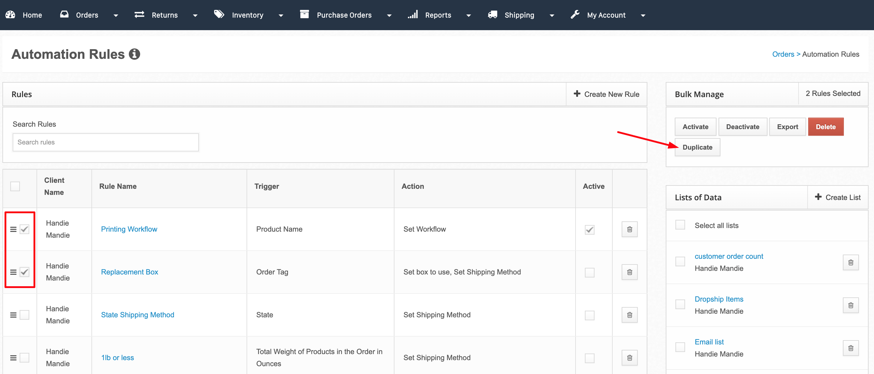 Duplicate action in the Bulk Manage panel