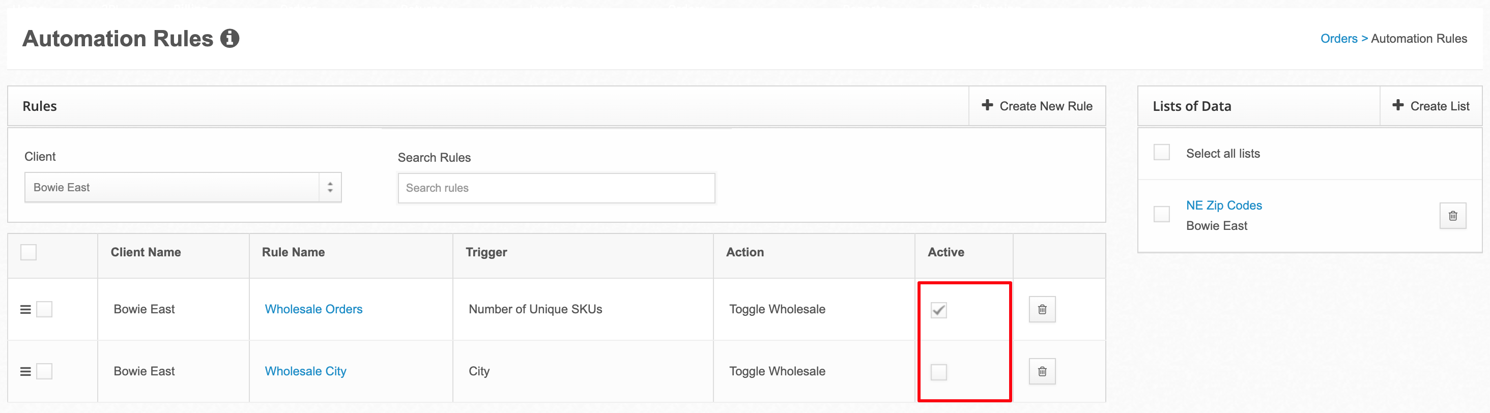 Automation Rules list page showing the active checkbox on a rule