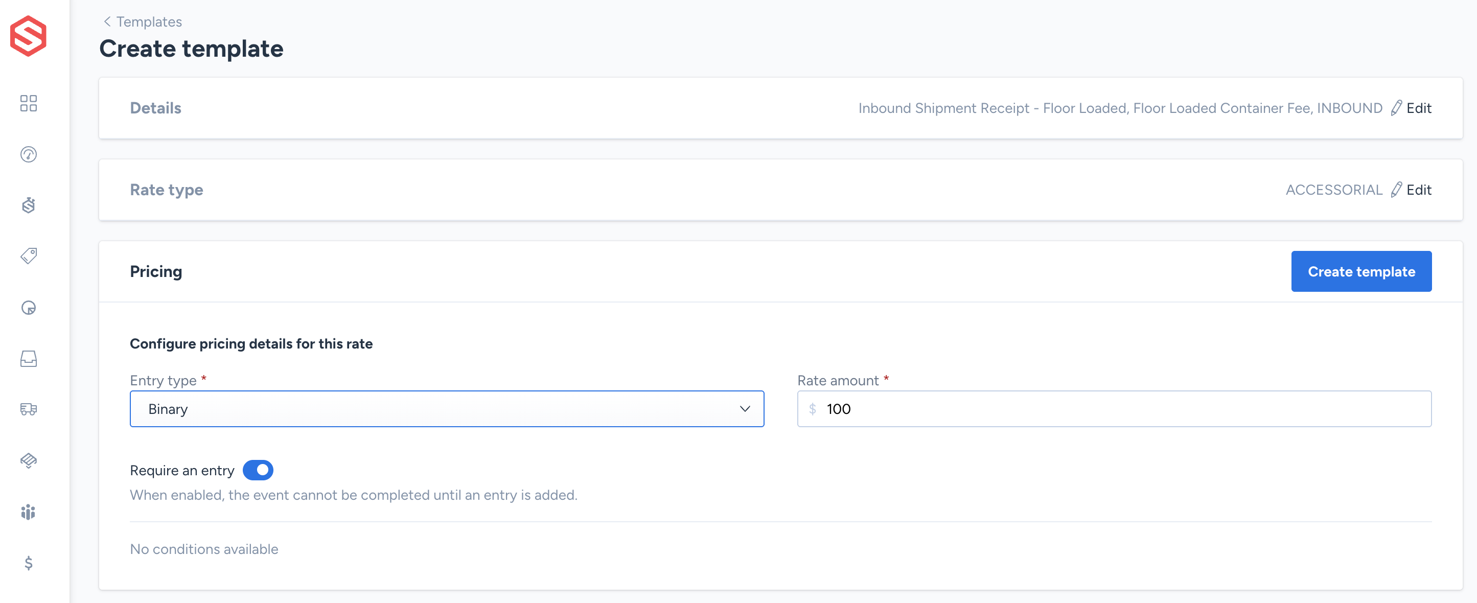 Pricing details step of the template creation form, showing the rate amount field
