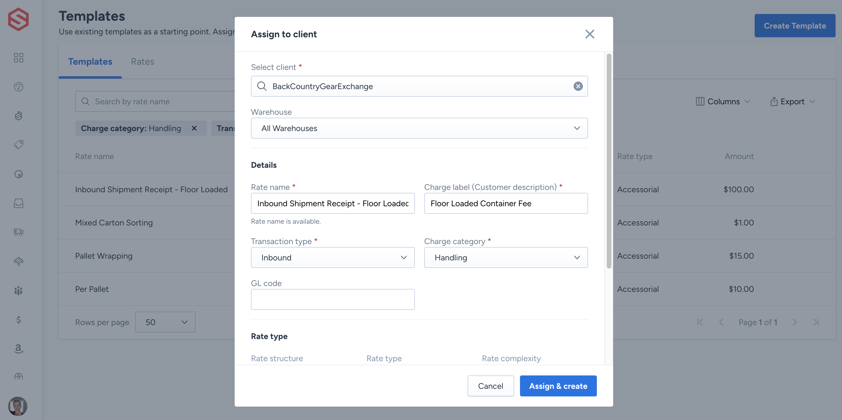 The Assign to Client dialog showing the client, warehouse, rate name and rate amount fields