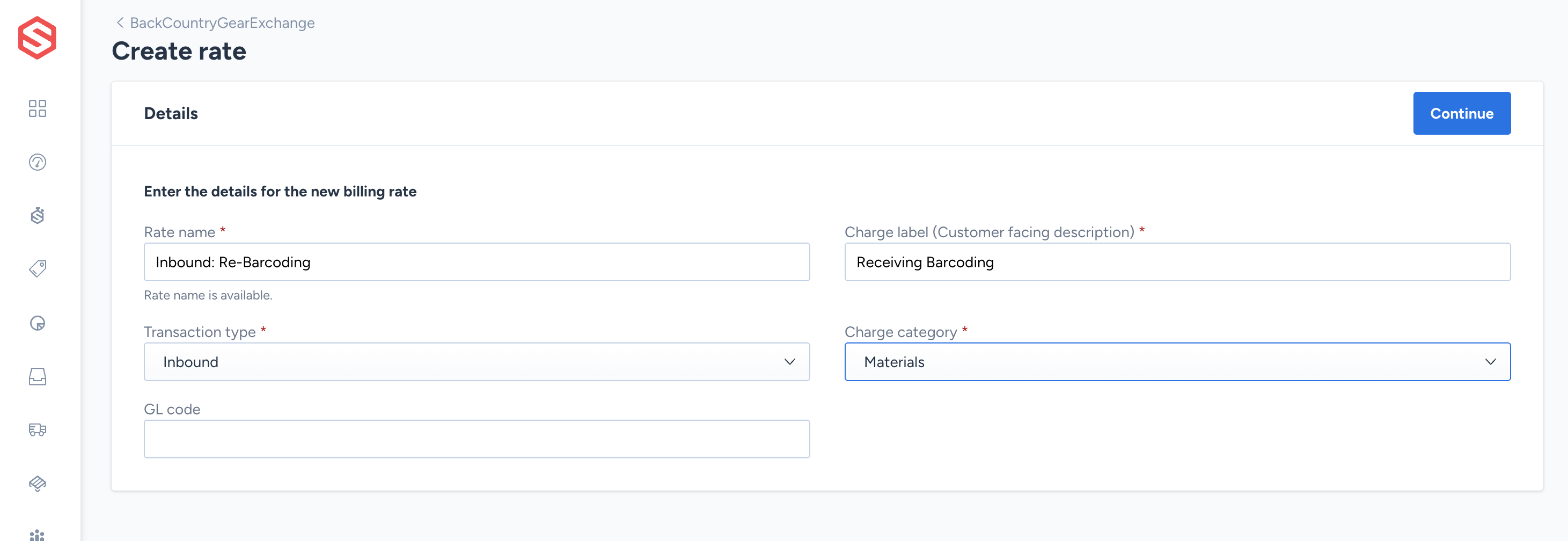 Rate details step of the rate creation form, showing the rate name and charge label fields