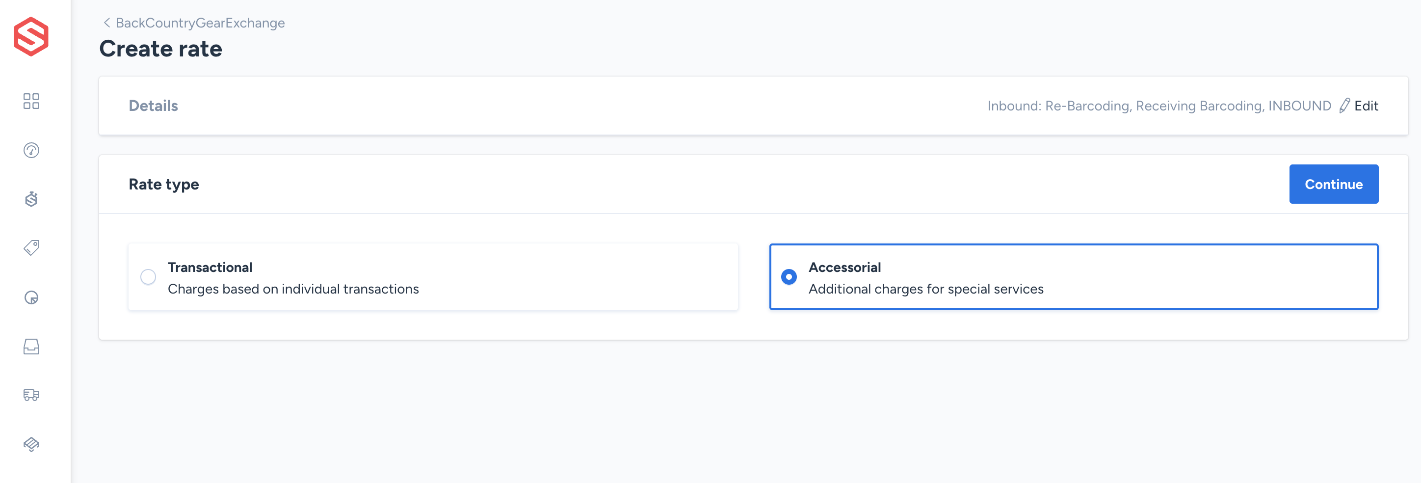 Rate type step of the rate creation form, showing the transactional and accessorial options
