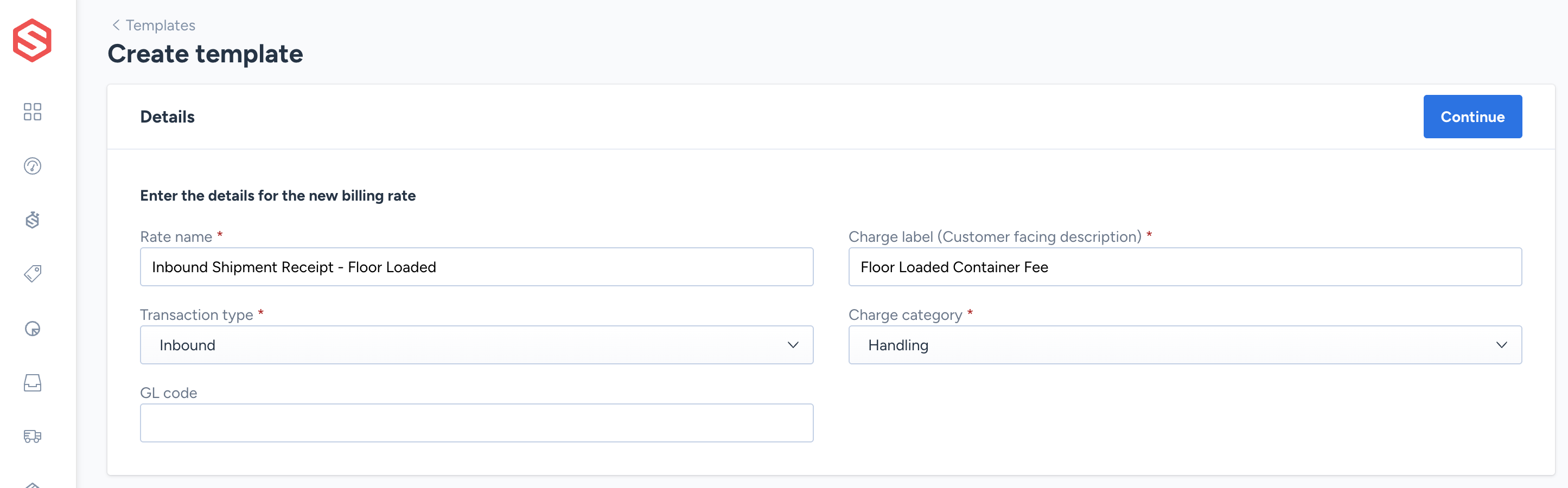 Template details step of the template creation form, showing the rate name and charge label fields