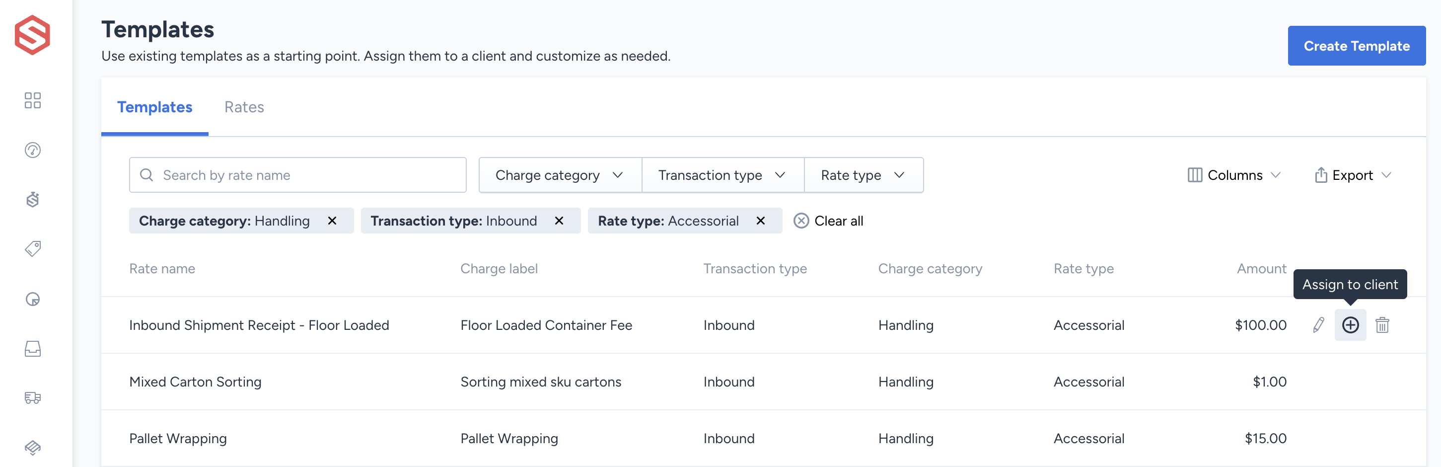 A template row on the Templates page with the plus icon used to assign the template to a client