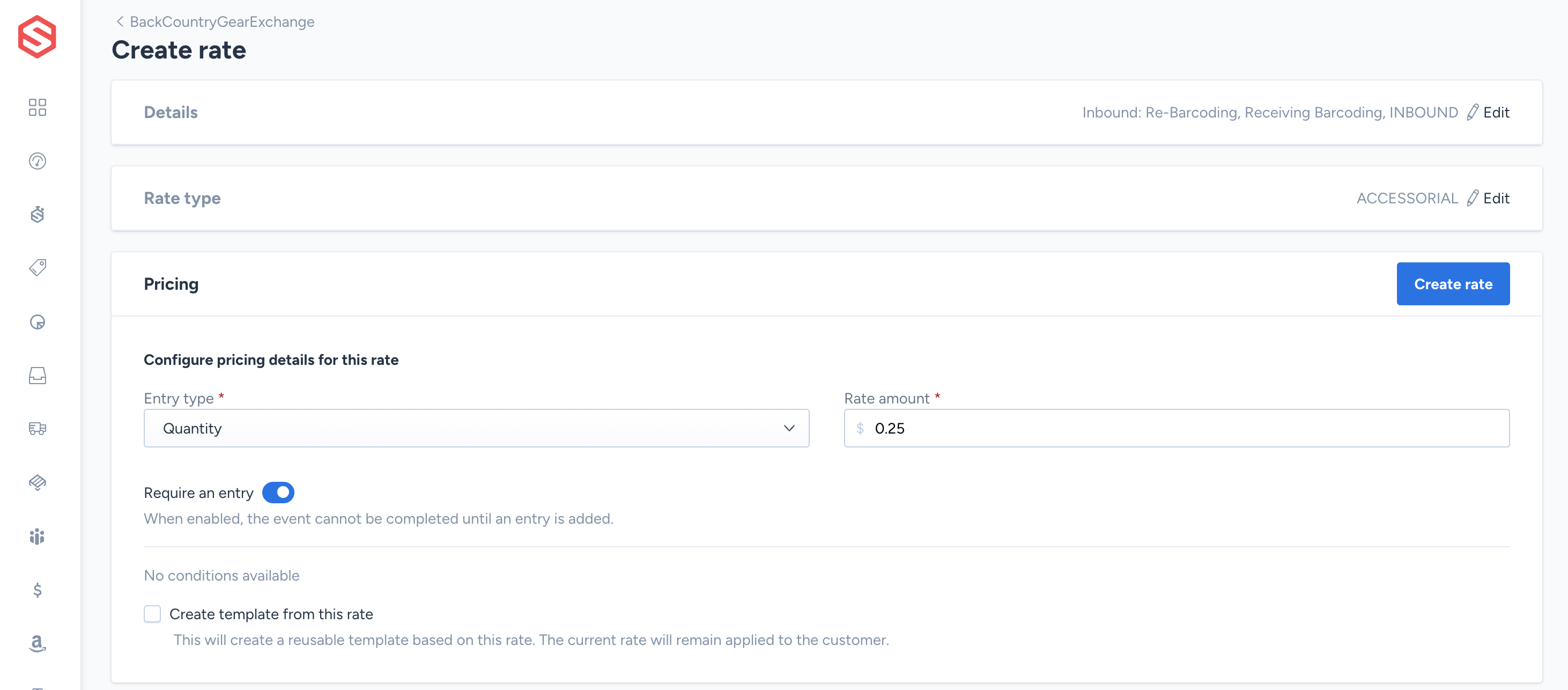 Pricing details step of the rate creation form, showing the rate amount field