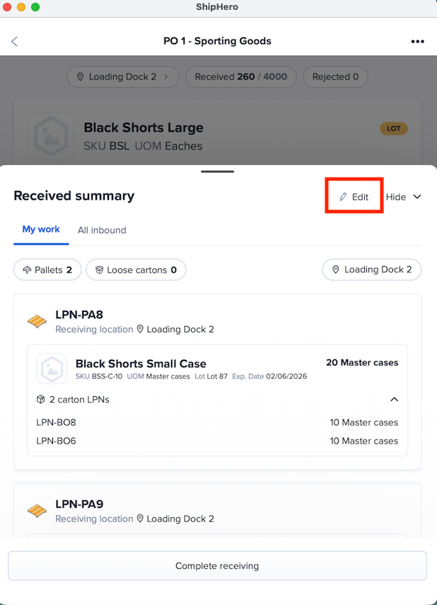 Tap Edit in Receiving Summary on ShipHero mobile app
