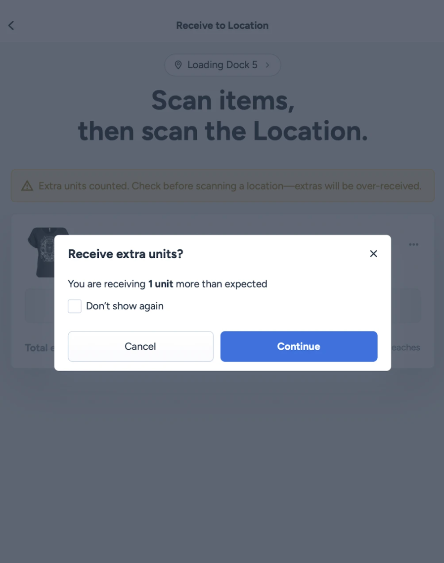 Over-receive confirmation module on ShipHero mobile app