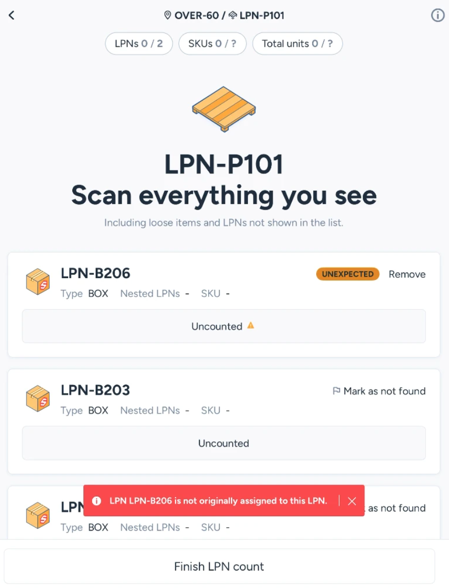 Discrepancy notice for an unexpected LPN scanned inside a parent LPN