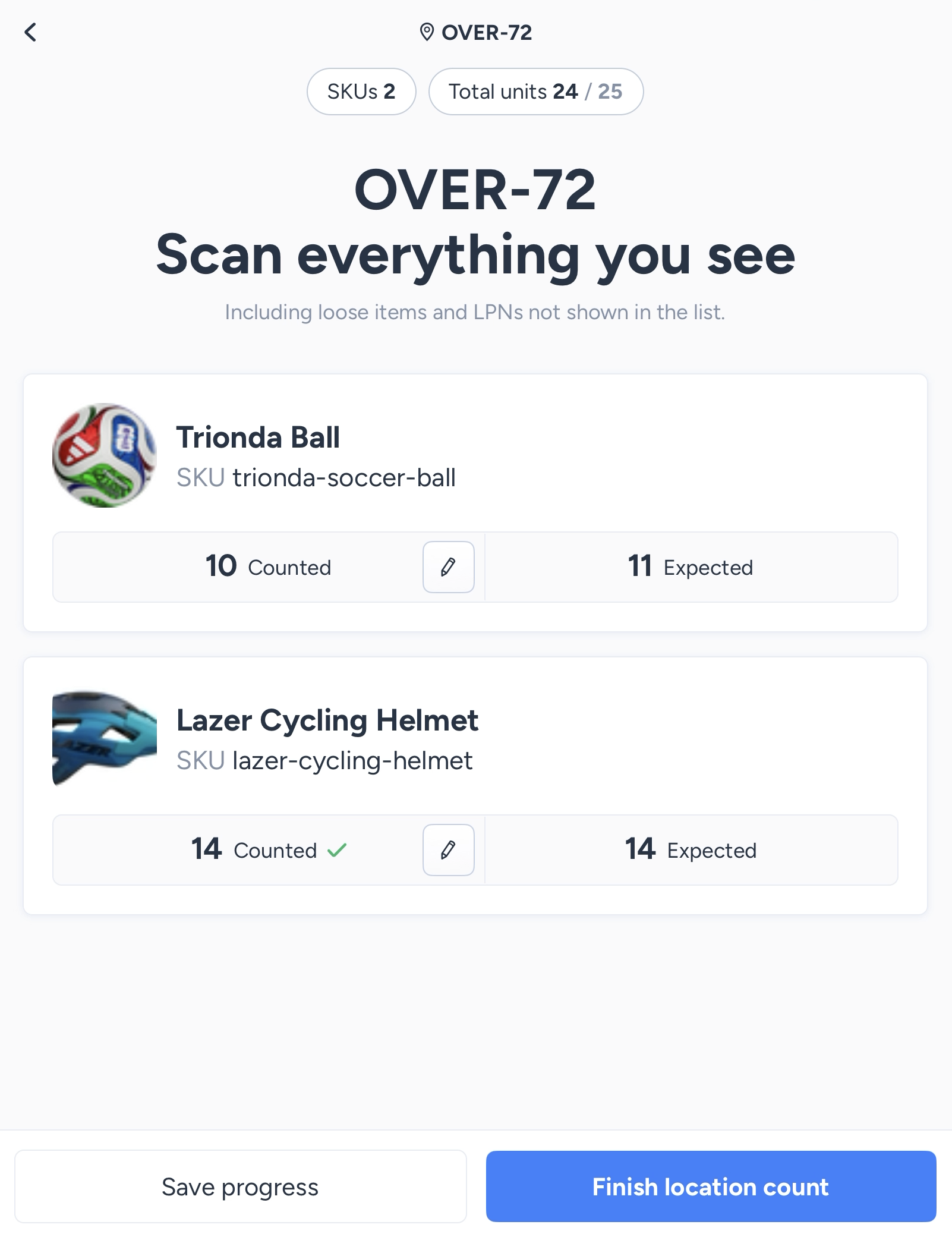 Count summary with Blind Count off during a cycle count in ShipHero Mobile