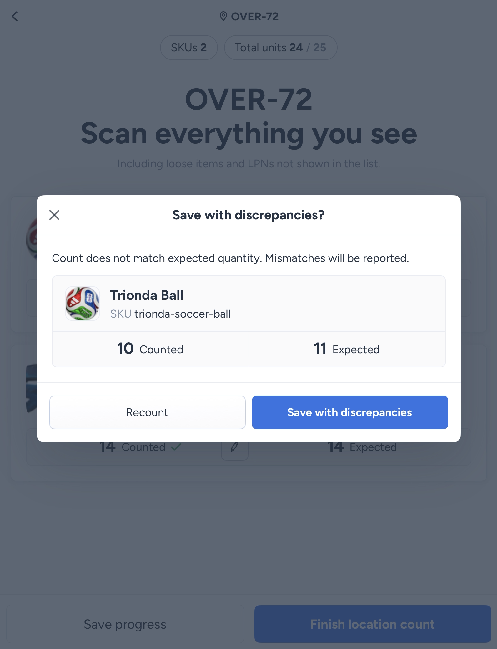 Discrepancy notice with Blind Count off during a cycle count in ShipHero Mobile