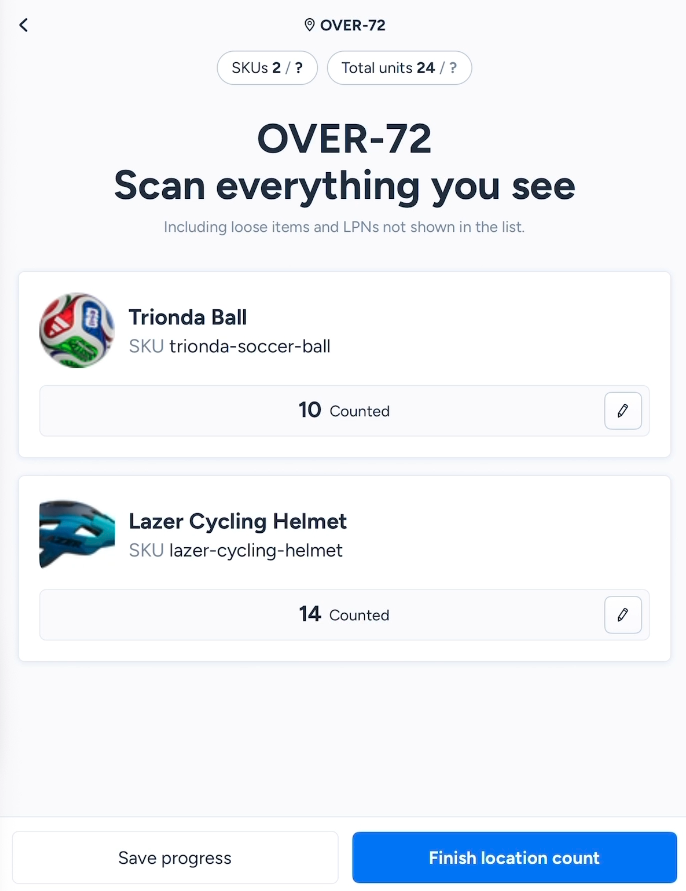 Count summary with Blind Count on during a cycle count in ShipHero Mobile