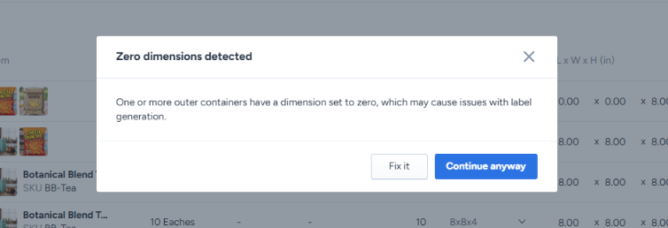 Zero-dimension container warning with Fix It and Continue Anyway buttons
