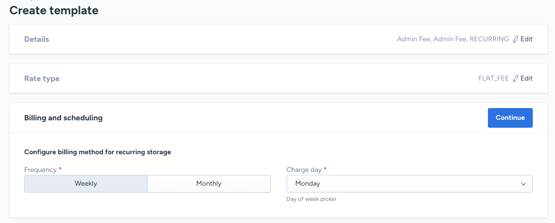Billing and scheduling step in the ShipHero web app showing the frequency options for a recurring Flat fee rate in 3PL Billing Alpha.