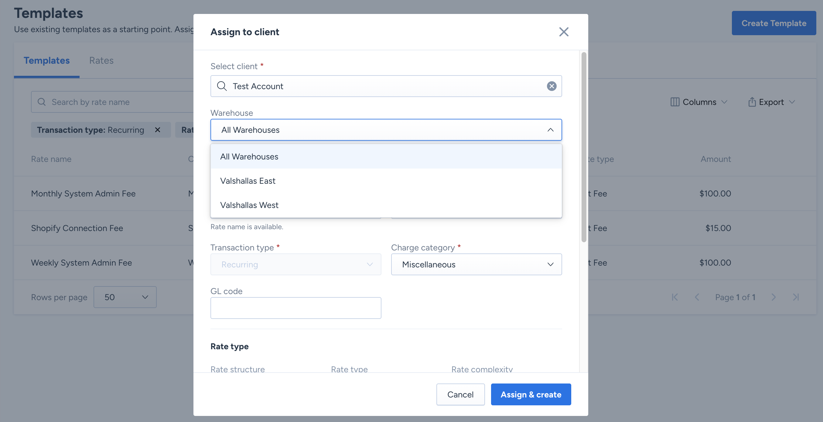 Warehouse selection for a recurring rate in the ShipHero web app, where you choose between a single warehouse and All Warehouses in 3PL Billing Alpha.