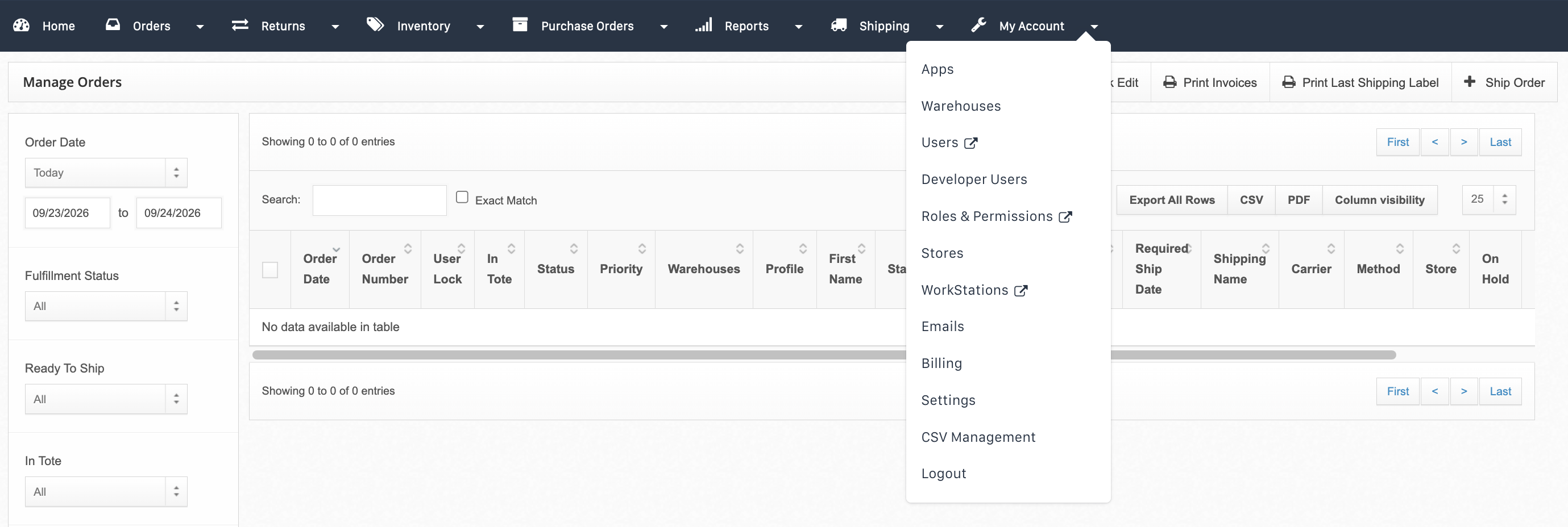 My Account menu in the ShipHero Web Dashboard showing the available menu items