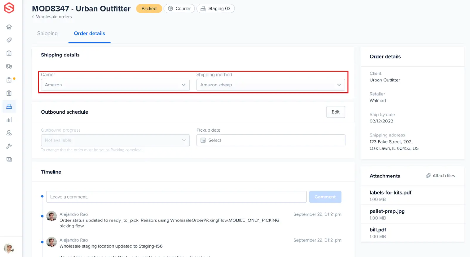 Order details tab of a Courier wholesale order in the ShipHero Web Dashboard with the Carrier and Shipping method dropdowns in the Shipping details section