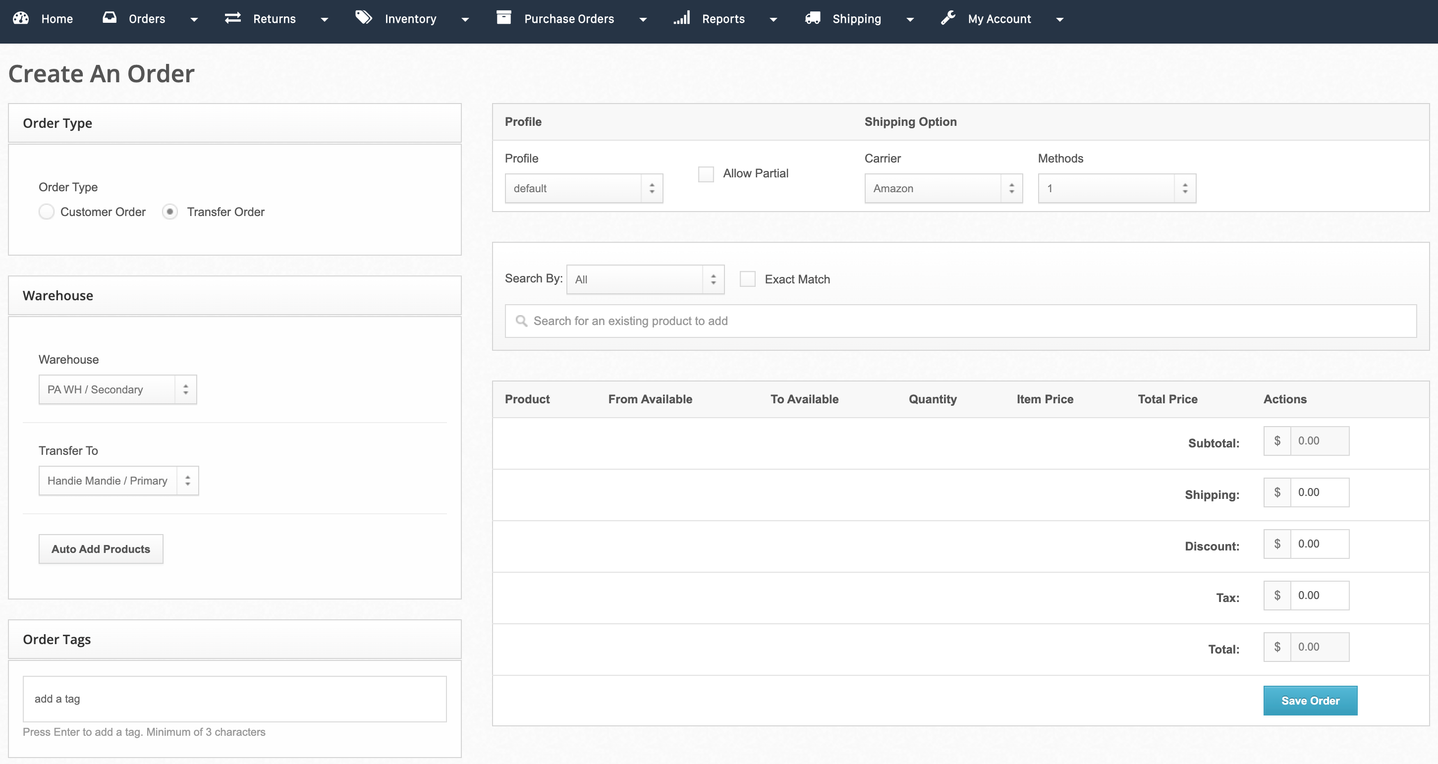 Create an Order page in the ShipHero Web Dashboard with Transfer Order selected, showing the Warehouse, Transfer To, Auto Add Products, Order Tags, Profile, Allow Partial, and Shipping Option fields