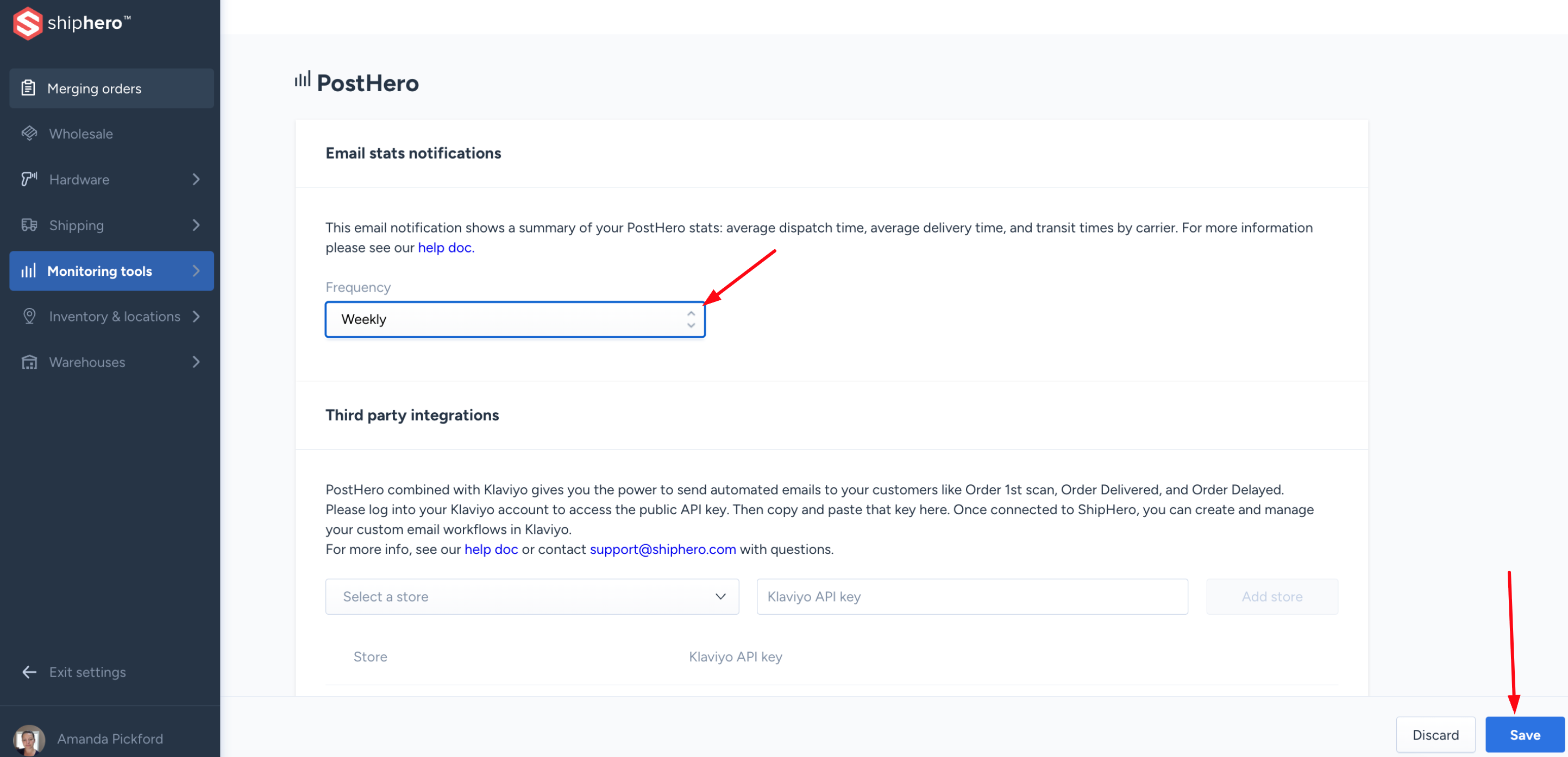 PostHero settings page in the ShipHero Web Dashboard showing the Email stats notifications Frequency field