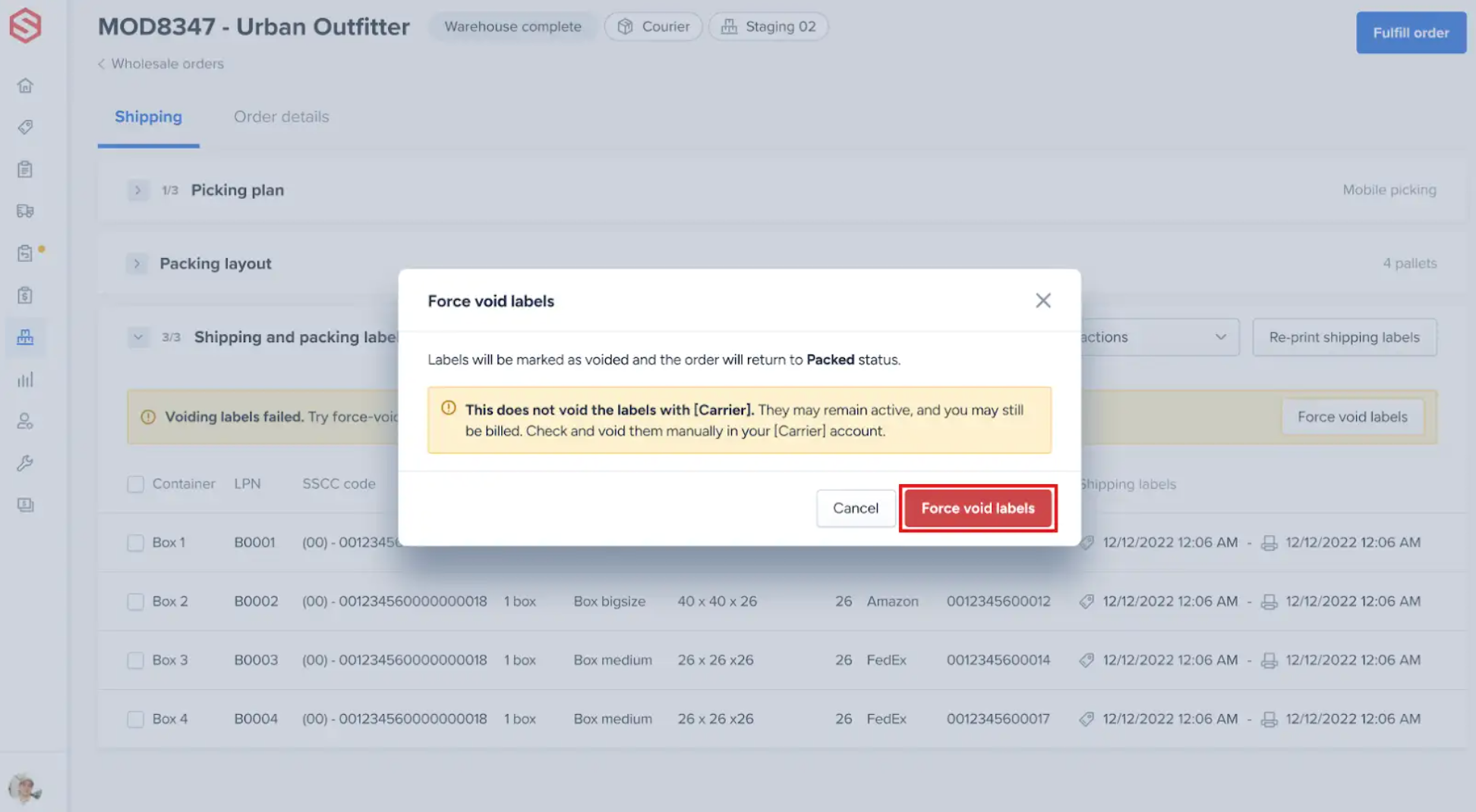 Force void labels confirmation window in the ShipHero Web Dashboard warning that the labels are not voided with the carrier