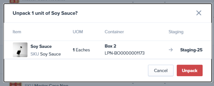 Wholesale Packing Layout in the ShipHero Web Dashboard showing a reduced SKU quantity in a container.