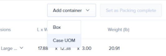 Wholesale Packing Layout in the ShipHero Web Dashboard showing how to add a picked UOM as a container.