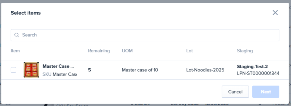 Wholesale Packing Layout in the ShipHero Web Dashboard prompting the user to select SKUs for a UOM container.