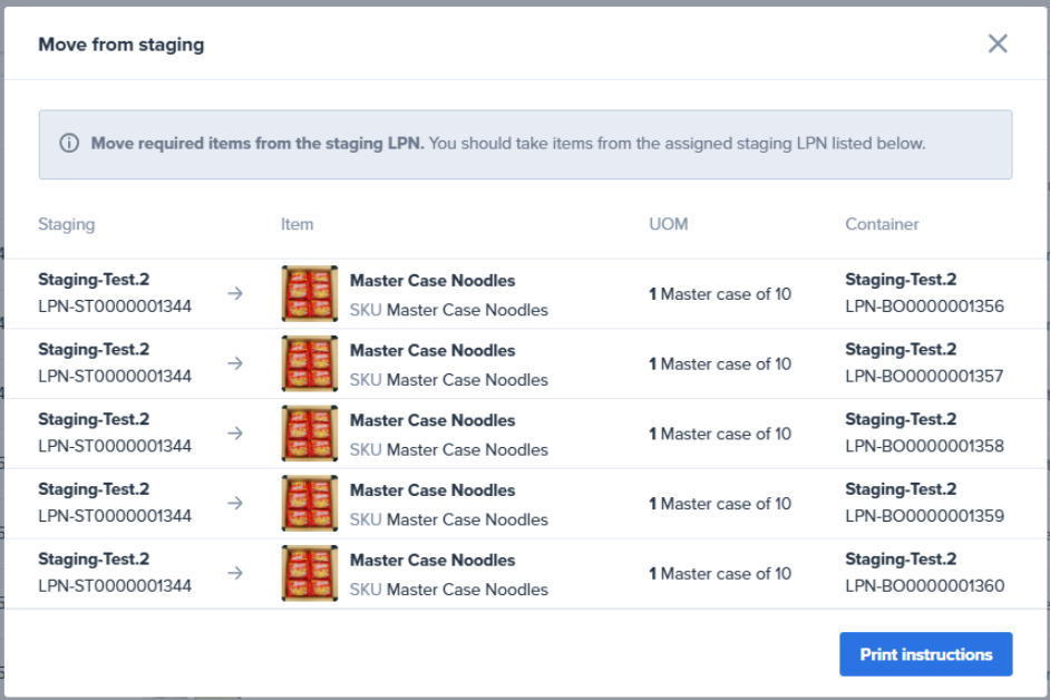 ShipHero Web Dashboard instructions for moving picked UOM containers from staging.