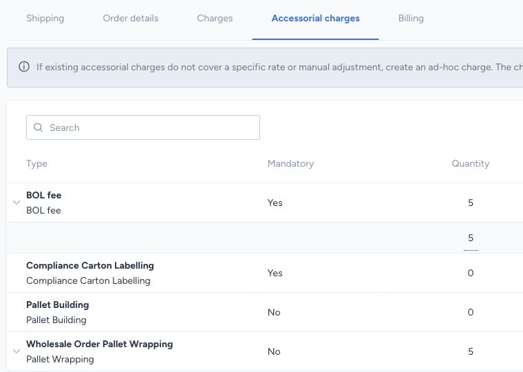 Desktop Accessorial charges table showing charge type, mandatory status, and quantity.